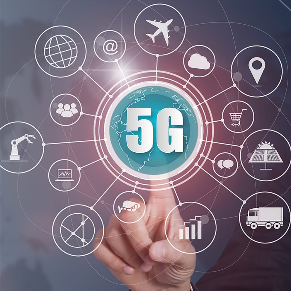 A hand is touching the word 5 g on a screen.