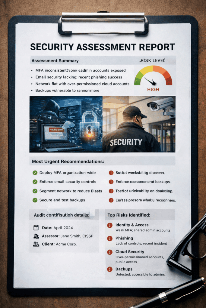 Security assessment report on clipboard with pen.