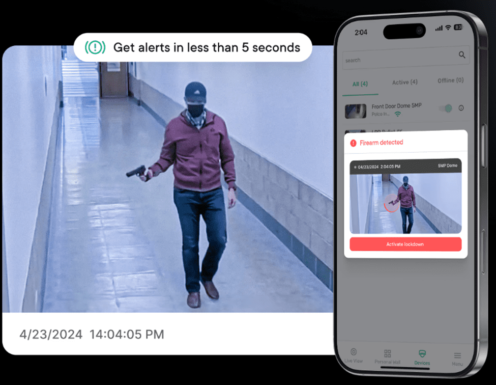 Man with firearm in hallway, alert displayed.