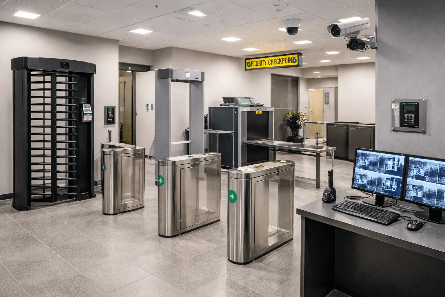 Security checkpoint with turnstiles and monitors.