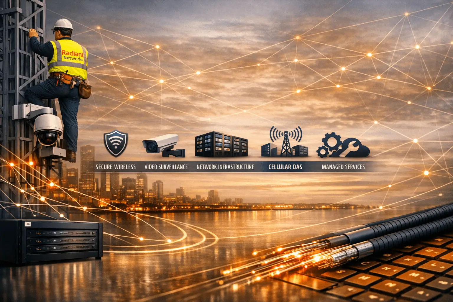 Technician climbing tower with network icons overlay.