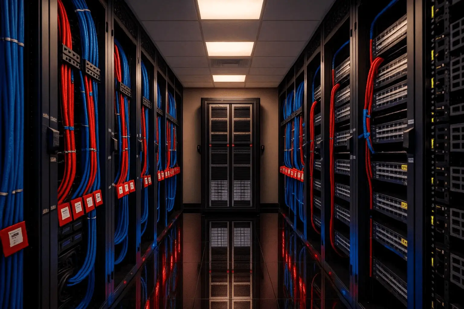 Server room with organized network cables.