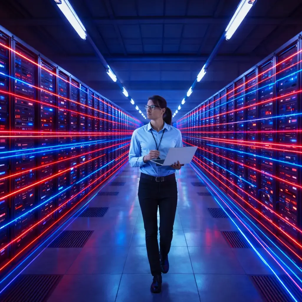 Person walking in futuristic server room.